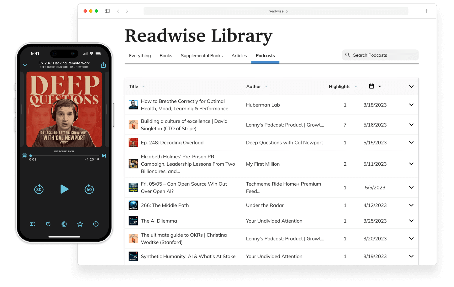 Podcast Highlighter syncing highlights to Readwise